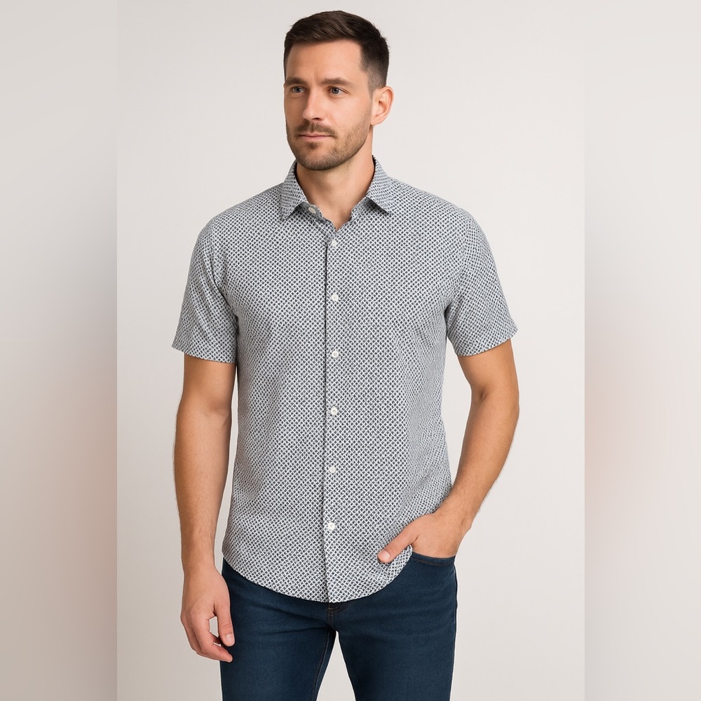 Denim & Flower Ricky Singh Men’s Slim Fit Short Sleeve Shirt Blue Pattern Size M